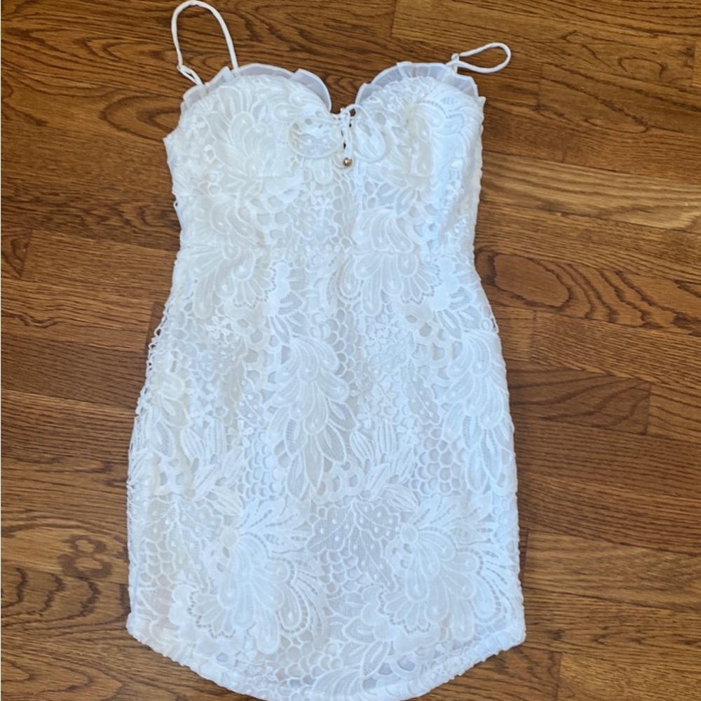 Lace overlay string tie bust dress with spaghetti straps